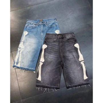 2024 European and American Summer Retro Skeleton Denim Shorts Sports Casual Shorts New Couple Wear Street Wear Five-Fifth Pants