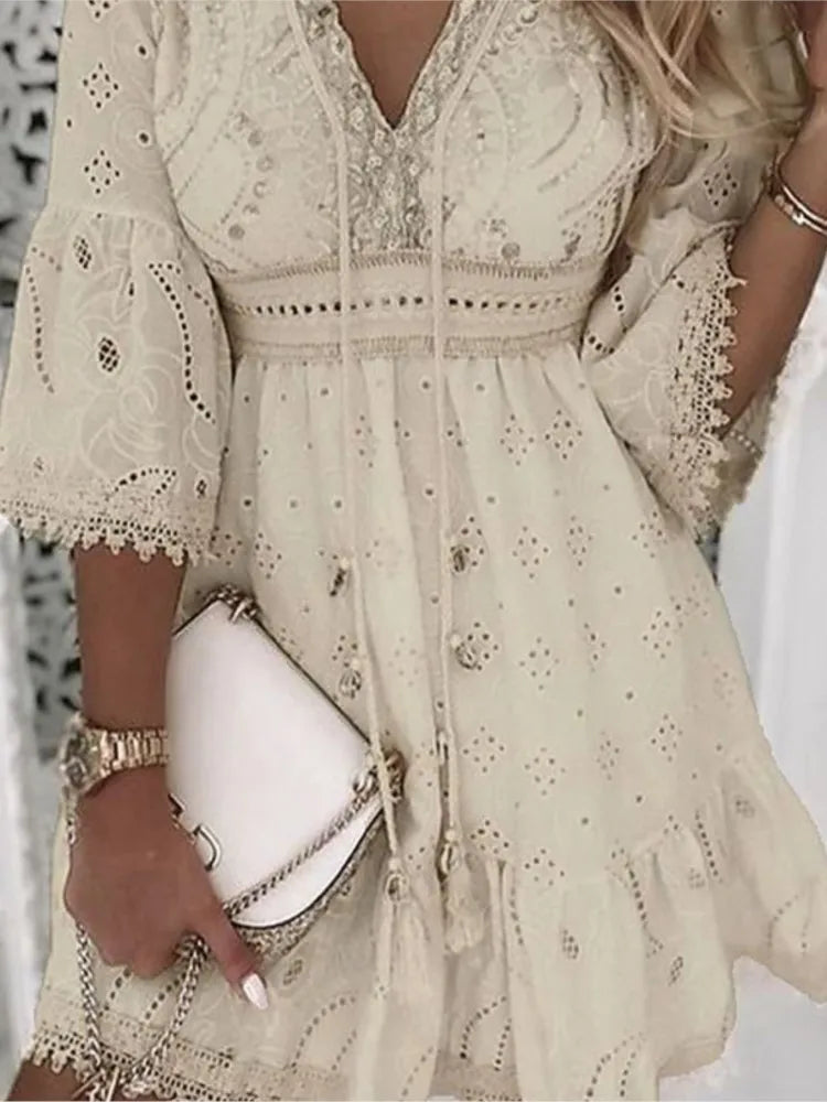 Elegant Women White Hollow Lace Mini Dress Summer V-neck Patchwork Lace Up Three Quarter Sleeve Ladies Vacation Beach Dresses