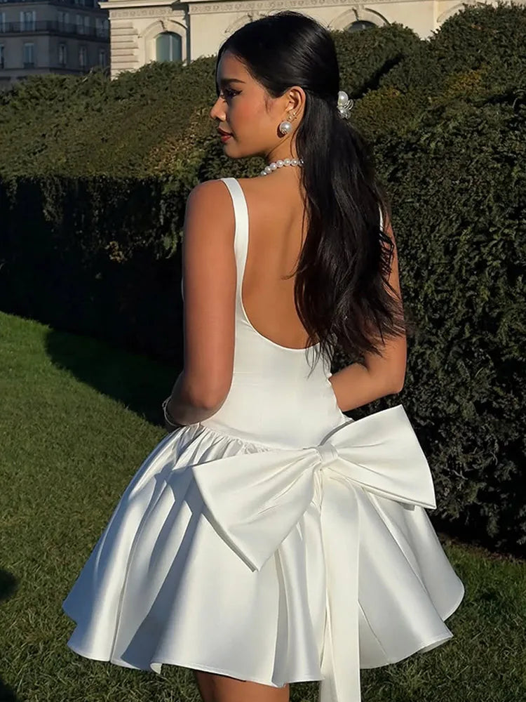 Elegant Female White Sleeveless Sling Mini Skirt Sexy Slim Pleated Chic Bow Backless Short Dress 2025 Women New Evening Robes