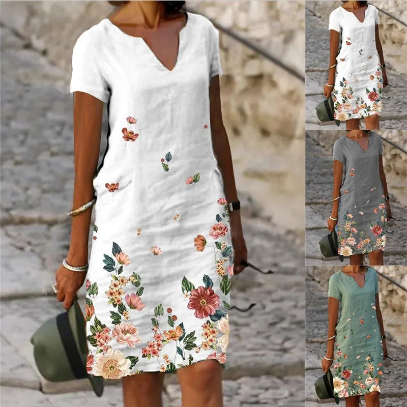 2024 Summer Elegant Women Dress Oversize Printed V-neck Dresses Female Spring Trendy Beach Fashion Casual Loose Clothes Ladies