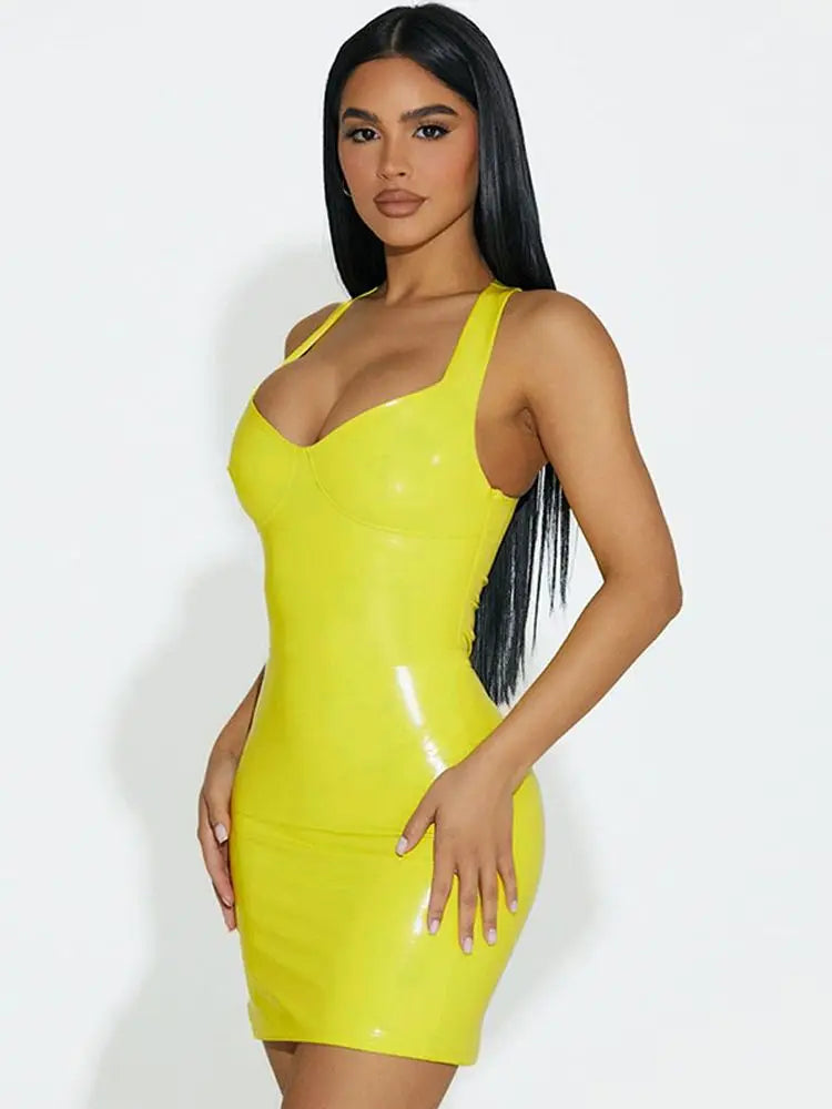 Sleevelss Wet Look PVC Vestido Deep V-neck Shiny PU Leather Hot Dress Tight Package Hip Minifalda Sexy Clubwear Camisole Dresses