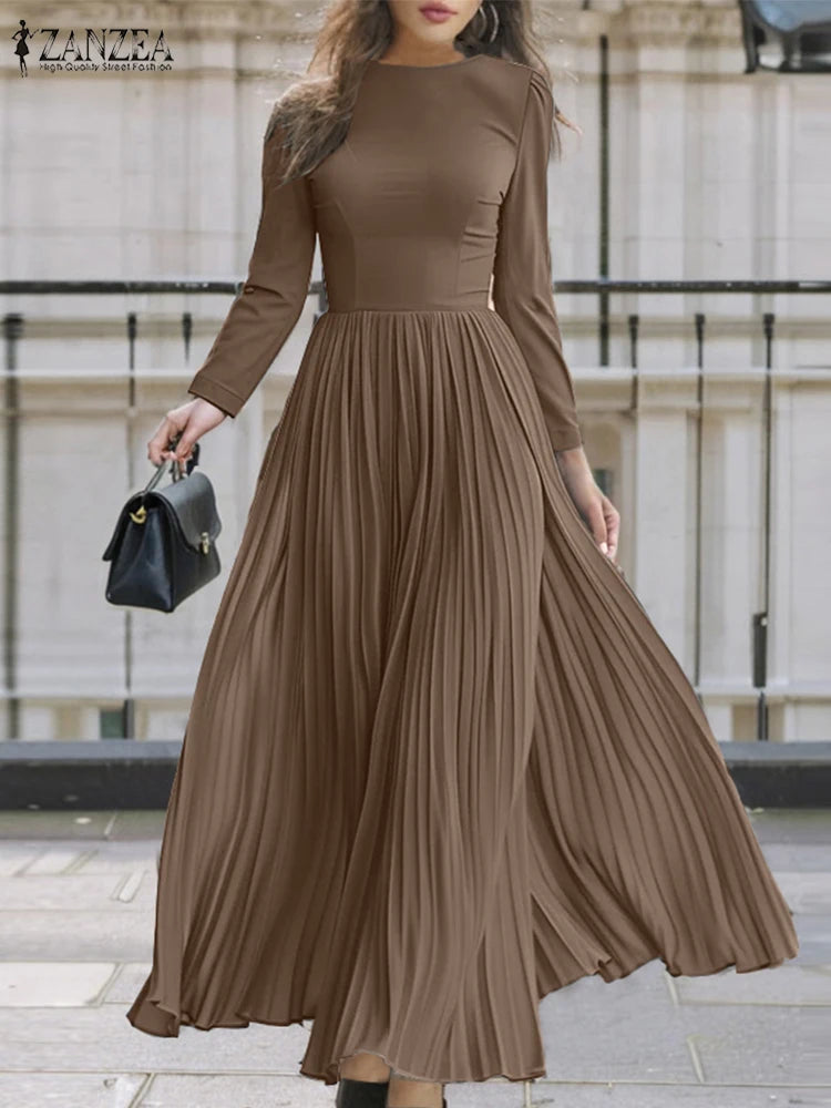 ZANZEA Autumn Fashion Long Sleeve Party Work Dress Women 2024 Pleated Maxi Dresses Stylish Casual Patchwork Sundress Long Robe