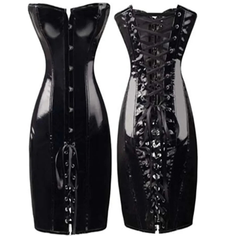 Corsets And Bustiers Punk Style Slim PVC Leather Corselet Dress Long Torso Korsett Overbust Women Clothing Lingerie Plus Size