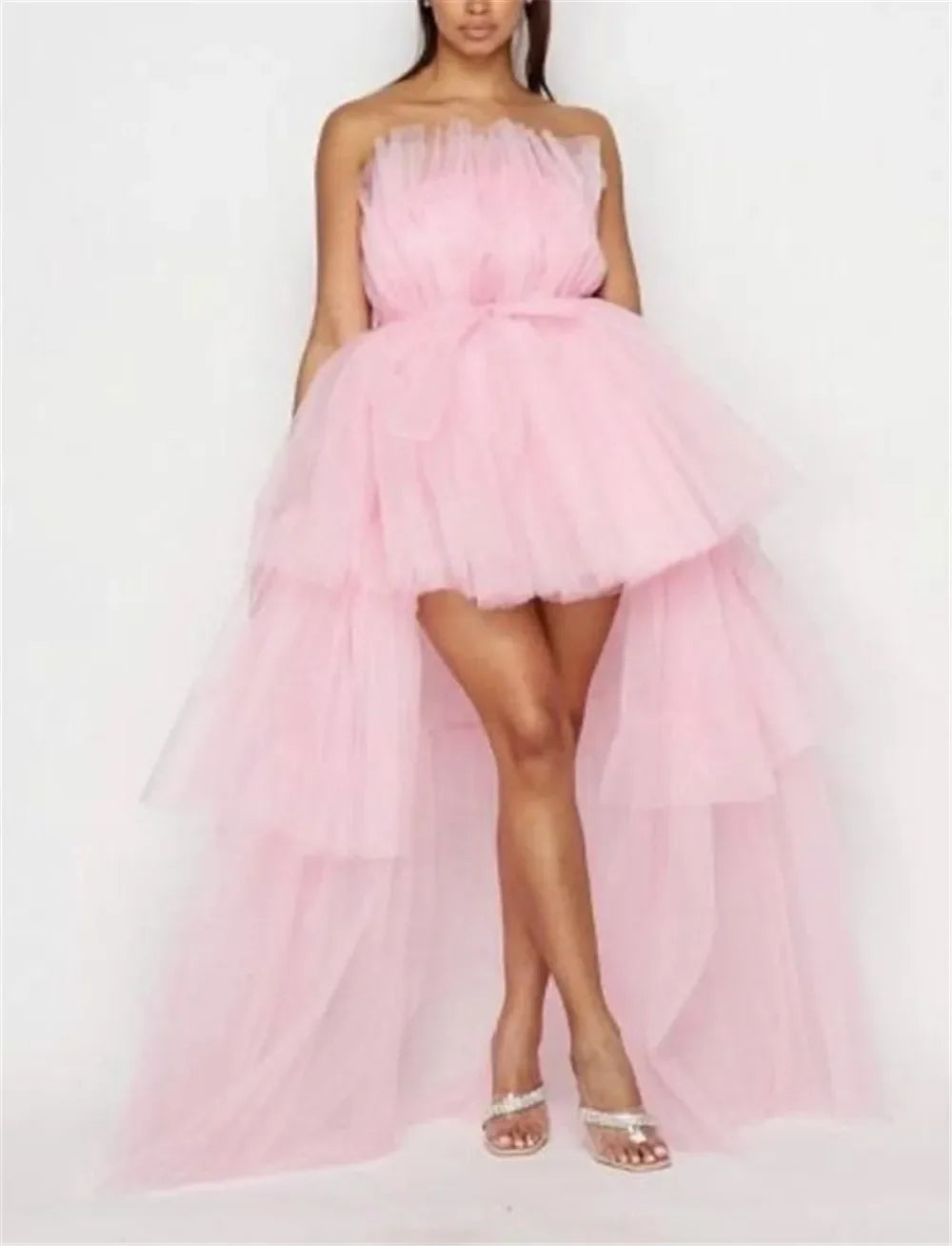 Elegant Mesh Tulle Wedding Party Dress for Women Strapless Off Shoulder High Waist Evening Gowns Formal Occasion Prom Dresses