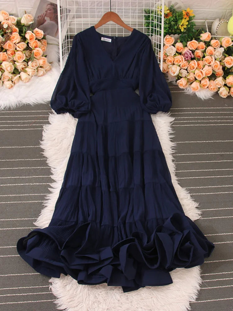 EWQ Sweet Style Y2K Vestidos 2023 Summer New Women's Dress Puffsleeve Ruffles Shirring V-neck Solid High Waist Dresses 27SN1647