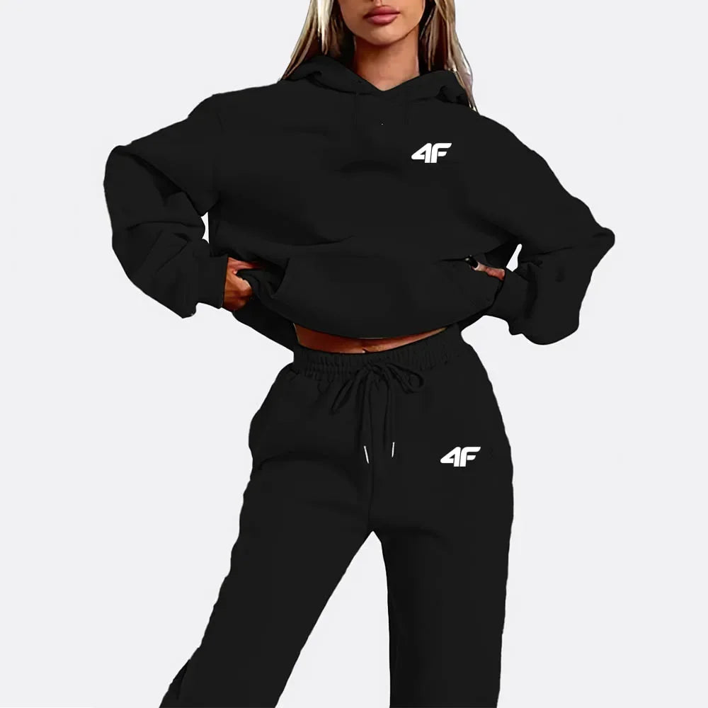 Fashion Lady 2 Piece Hoodies Set Letter Print Hooded Sweatshirt Skinny Stacked Pants Sporty Tracksuit Outfit