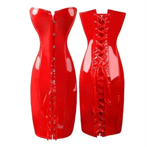 Corsets And Bustiers Punk Style Slim PVC Leather Corselet Dress Long Torso Korsett Overbust Women Clothing Lingerie Plus Size