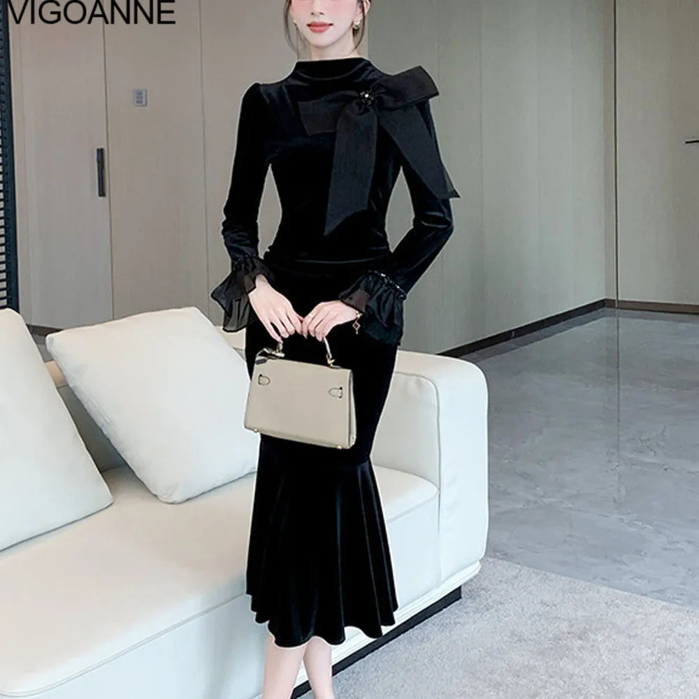 VigoAnne 2025 Woman Spring Solid Ruffle Dress Female Lace Long Sleeve Korean Velvet Dresses Lady Party Autumn Tight Long Dress