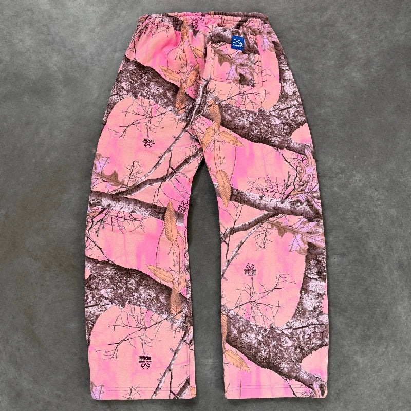 Y2K Trendy Sweatpants Pink Camo Printed Pattern Trousers Streetwear Harajuku Retro Camouflage Loose Unisex Straight Leg Pants