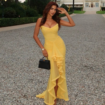 Mingmingxi Summer Birthday Party Dresses 2024 Irregular Ruffle Elegant Mesh Dress Yellow Long Dresses for Women