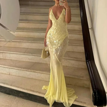 Yellow Sequins Maxi Beach Dress Women Sexy Backless Slim Party Fishtail Dresses Summer Mesh Patchwork Sheer Holiday Dress 2024