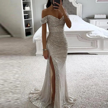 Women V-Neck Off Shoulder Maxi Dress Sequin Pleated Short Sleeve Waist Tight Evening Party Prom Dress Slim Sexy Split Long Dress