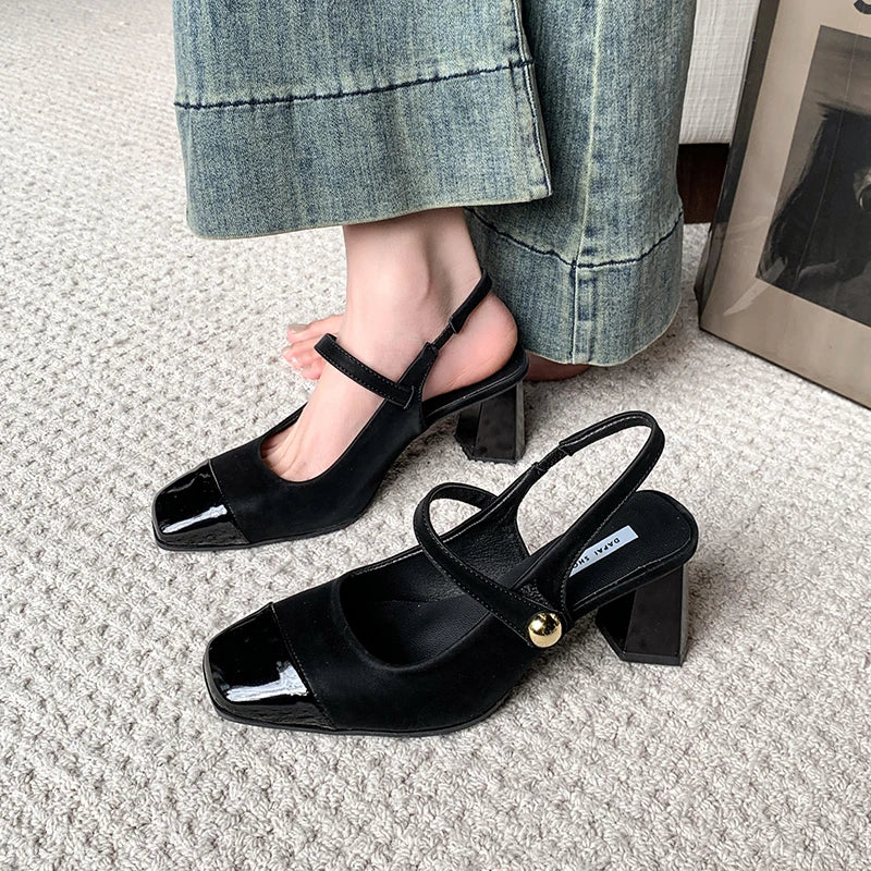 2025 Summer New Type Straight Belt Metal Buckle Square Head Splicing Coarse Heel Baotou Sandals Women's Back Empty Single Shoes