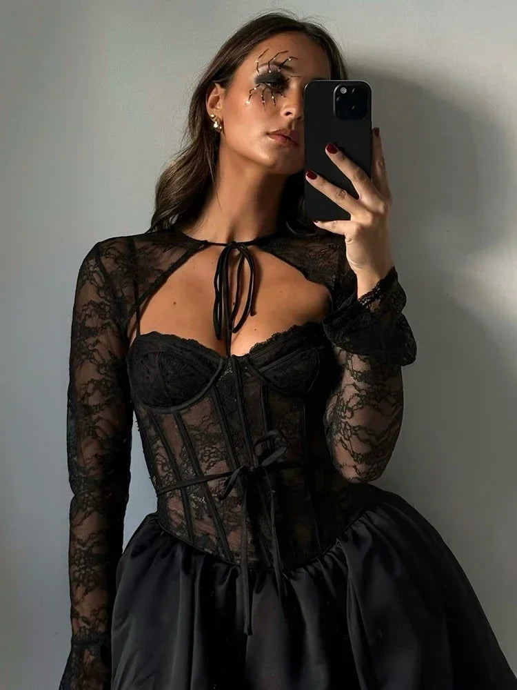 TARUXY Sexy Lace Bandage Mini Dress Women's Fashion See Through A-line Dress Fishbone Splice Long Sleeve Black Gown Dresses Lady