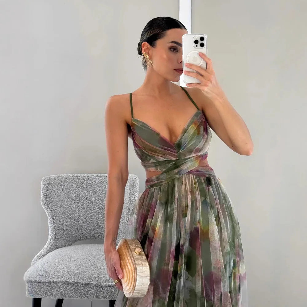 V-Neck Sexy Hollow Out Party Dress, Women Summer Loungewear Fashion Printing Maxi Dress, Sleeveless Lace-Up Ladies Dress Vestido