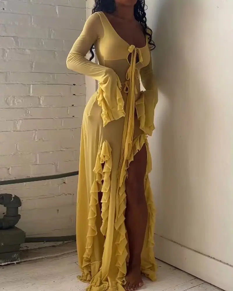 Summer slim-fitting see-through sexy hot girl dress elegant solid color V-neck strappy long sleeves ruffled slit long skirt