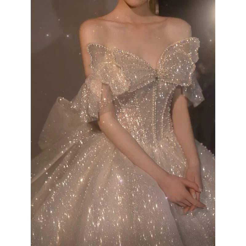 Wedding Dress Dinner Gala Party Bridal Robe Gown Off Shoulder Butterfly Fairy Princess Sequin formal occasion Bride Dresses H892