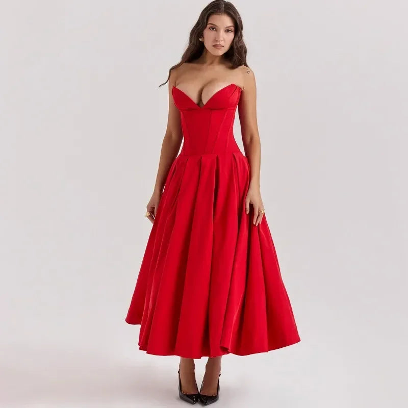 Talenza Backless V-neck High Waist Long Dress Women's New Sexy Solid Color Strapless Evening Dress Elegant Sleeveless Long Dress