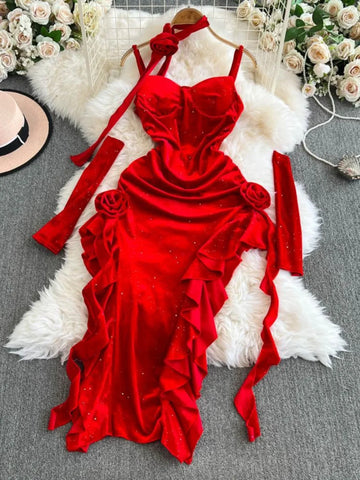 Foamlina Vintage Red Velvet Suspender Dress for Party Women Irregularly Split Sexy Hip Wrap Heavy Industry Evening Dress