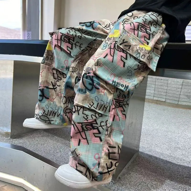 American Fashion Brand Harajuku Camouflage Splicing Trousers Men Y2k Goth Letters Doodle High Waist Wash Oversized Jeans Women