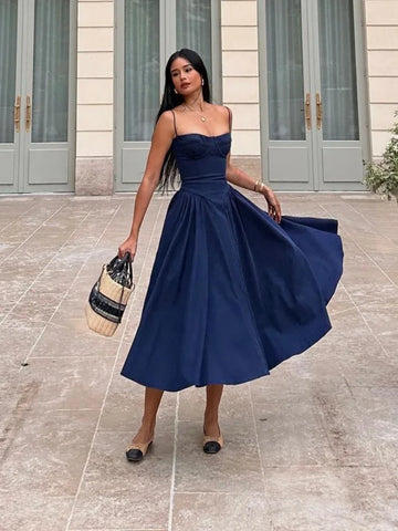 Suninheart Elegant Spaghetti Strap Midi Dress Slim A Line Party Dresses Navy Blue Casual Birthday Holiday Dress Women's clothing